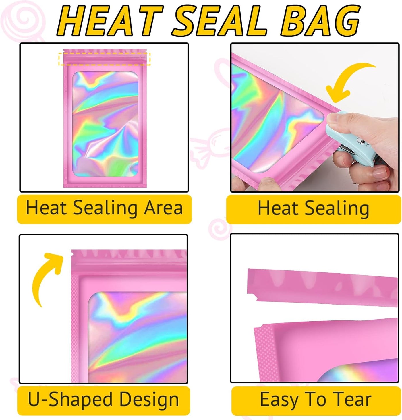 100 PCS Holographic Bags, Smell Proof Bag, Resealable Gift Bags, Clear Bags for Food Storage, Party Favor Bag, Mylar Sample Bag for Jewelry, Lipgloss, Eyelash | Pink, 2.4x3.9 Inch