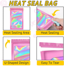 100 PCS Holographic Bags, Smell Proof Bag, Resealable Gift Bags, Clear Bags for Food Storage, Party Favor Bag, Mylar Sample Bag for Jewelry, Lipgloss, Eyelash | Pink, 2.4x3.9 Inch