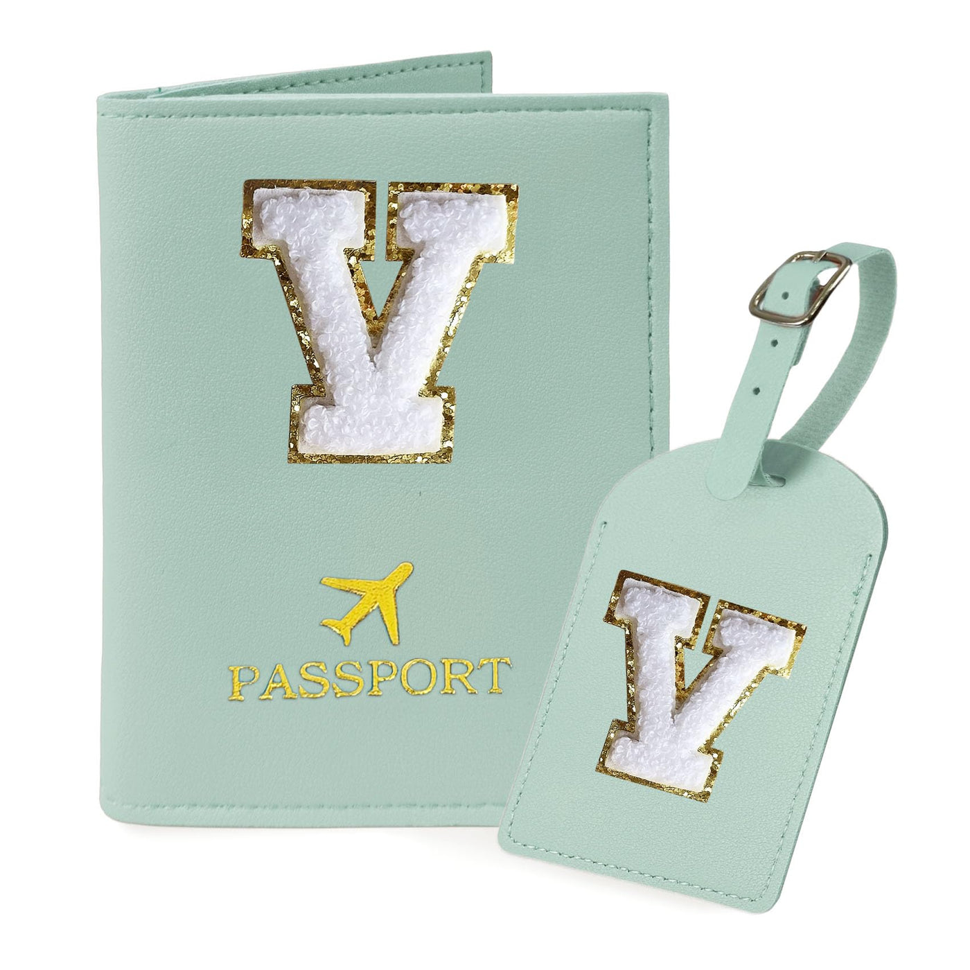COSHAYSOO Purple Passport Cover Holder and Initial Luggage Tag Set TSA Approved with Personalized Monogram Chenille Letter Patch for Women Teen Girls, Cute Travel Bag Suitcase Identifier (A)