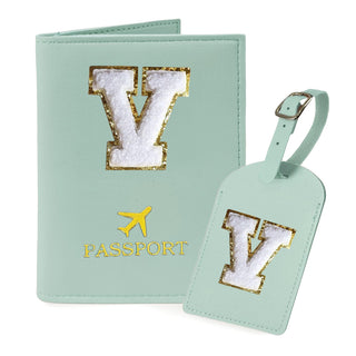 COSHAYSOO Purple Passport Cover Holder and Initial Luggage Tag Set TSA Approved with Personalized Monogram Chenille Letter Patch for Women Teen Girls, Cute Travel Bag Suitcase Identifier (A)