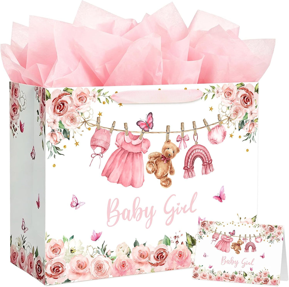 Yusenguan 16.5" Extra Large Baby Gift Bag Set with Tissue Paper and Greeting Card, Pink Floral Design for Girl Baby Shower, Kids Birthday Party and Newborn Gifts