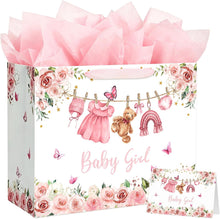 Yusenguan 16.5" Extra Large Baby Gift Bag Set with Tissue Paper and Greeting Card, Pink Floral Design for Girl Baby Shower, Kids Birthday Party and Newborn Gifts