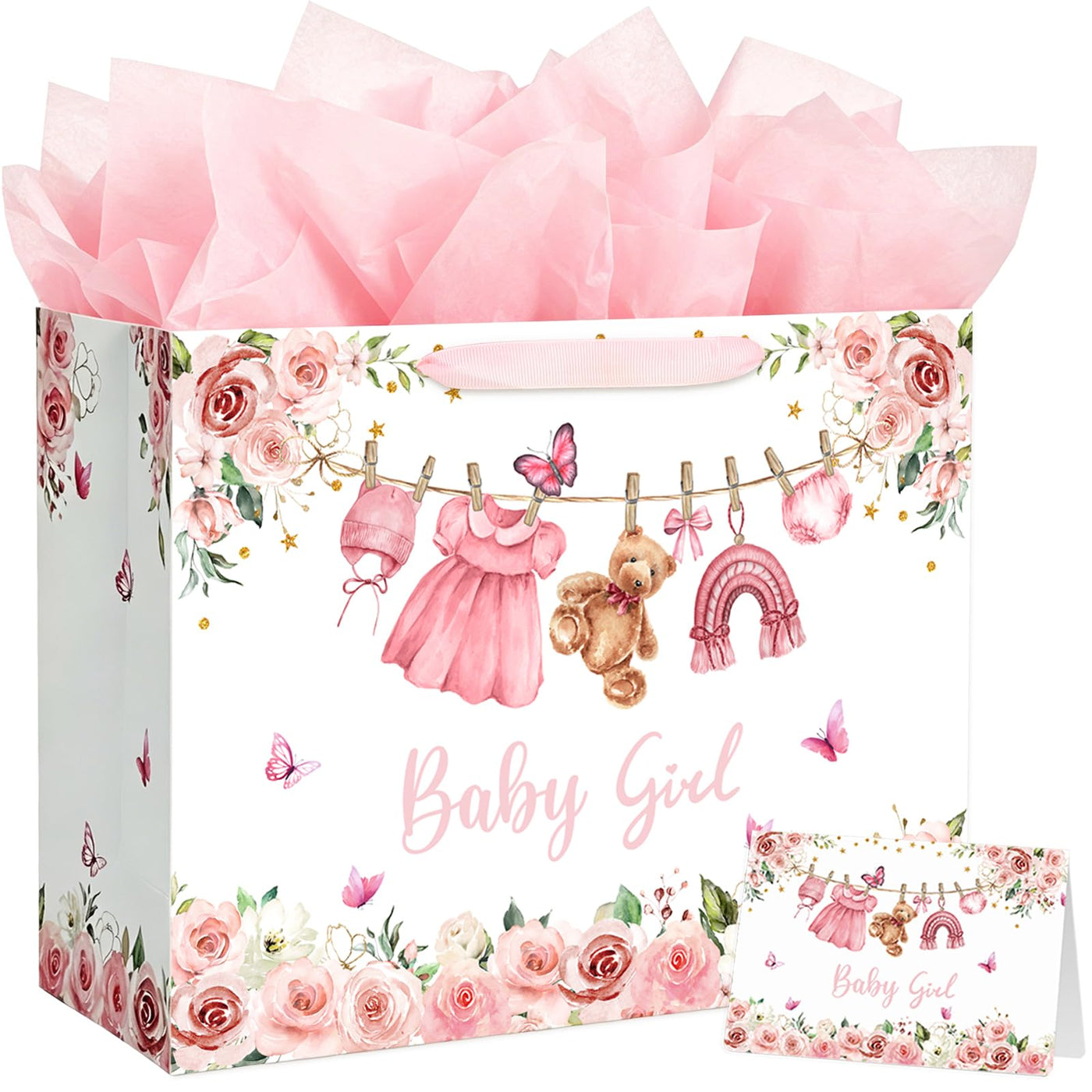 Yusenguan 16.5" Extra Large Baby Gift Bag Set with Tissue Paper and Greeting Card, Pink Floral Design for Girl Baby Shower, Kids Birthday Party and Newborn Gifts