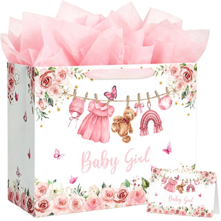 Yusenguan 16.5" Extra Large Baby Gift Bag Set with Tissue Paper and Greeting Card, Pink Floral Design for Girl Baby Shower, Kids Birthday Party and Newborn Gifts