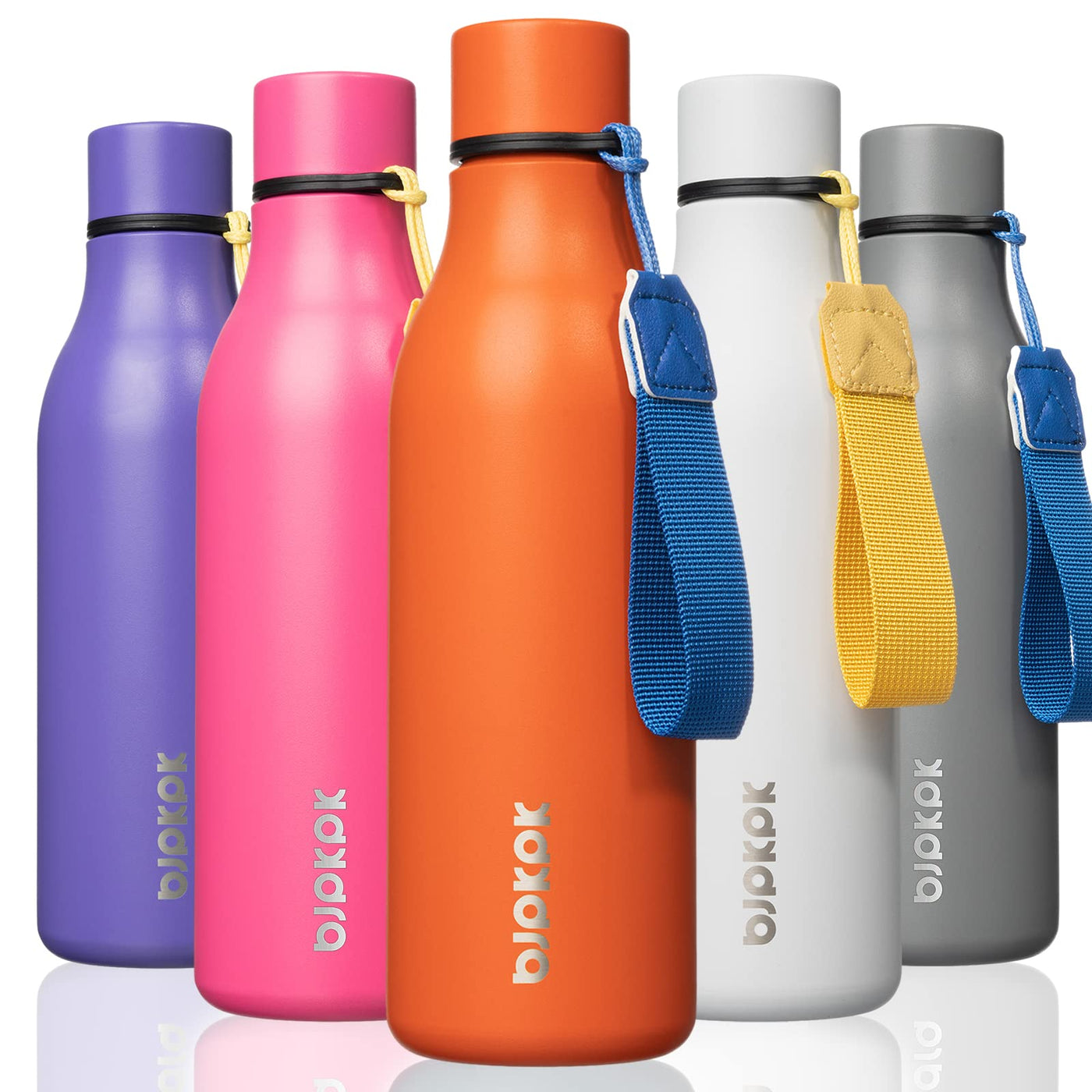 BJPKPK Insulated Water Bottles, 18 oz Stainless Steel Metal Water Bottle with Strap, BPA Free Leak Proof Jugs, Mugs, Flasks, Reusable Thermal Flasks for Sports & Travel, Orange