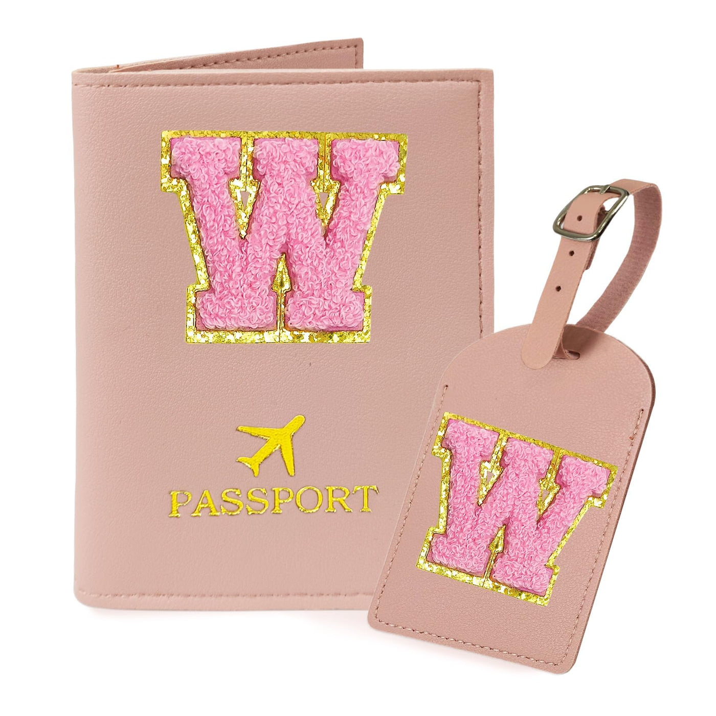COSHAYSOO Purple Passport Cover Holder and Initial Luggage Tag Set TSA Approved with Personalized Monogram Chenille Letter Patch for Women Teen Girls, Cute Travel Bag Suitcase Identifier (A)