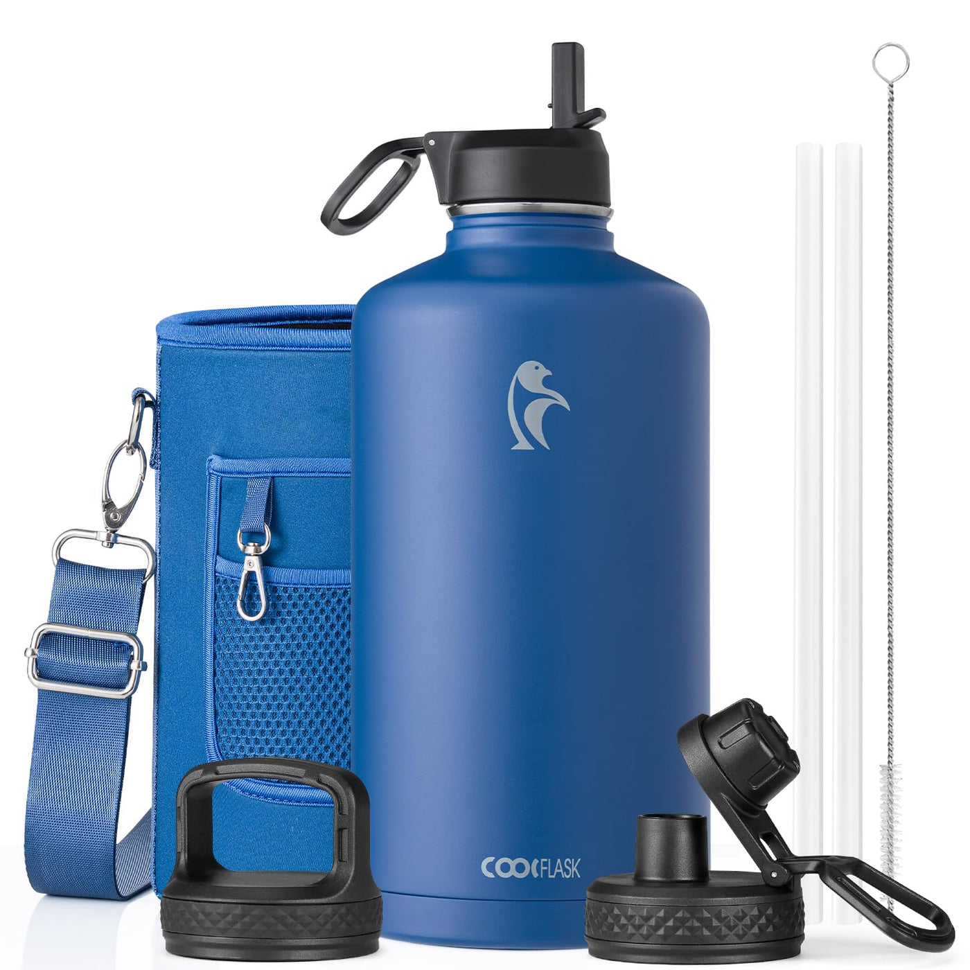 Water Bottle 40 oz Insulated with Straw&Brush, Coolflask Vaccum Stainless Steel Metal 3 Lids Water Flask for Sports, Gym or Office, Keep Cold 48H Hot 24H, Magic Black