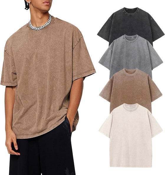 Gihuo 4 Pack Oversized Tshirts for Men Acid Wash T-Shirts Vintage Heavyweight Shirt Cotton Tees