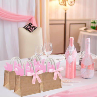 Shinylin 12 Pack Burlap Tote Bags Bulk with Handles Small Wedding Jute Tote Bag with Pink Tissue Paper & Ribbon, Reusable Party Favor Bags for Bridesmaid Proposal Bridal Shower Galentine's Day