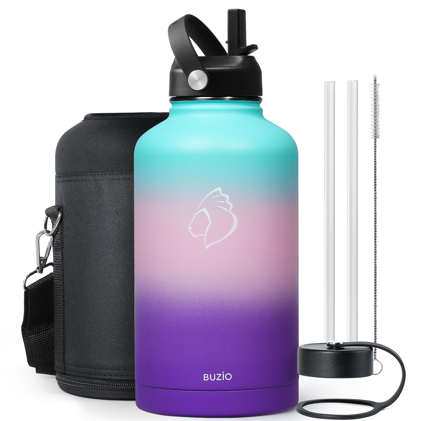 BUZIO 40oz Insulated Water Bottle, Triple Wall Vacuum Stainless Steel Water Flask with 2 lids, Lead-Free BPA-Free Straw Lid Sports Canteen Jug, Cold 48H & Hot 24H- Black