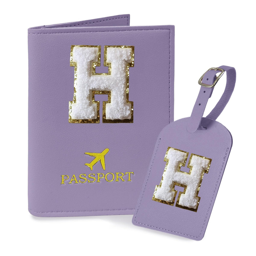 COSHAYSOO Purple Passport Cover Holder and Initial Luggage Tag Set TSA Approved with Personalized Monogram Chenille Letter Patch for Women Teen Girls, Cute Travel Bag Suitcase Identifier (A)