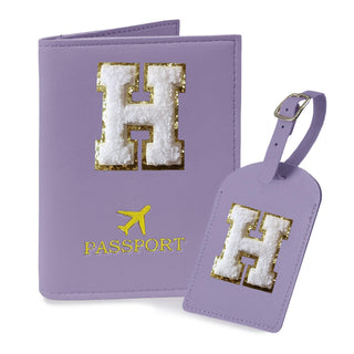 COSHAYSOO Purple Passport Cover Holder and Initial Luggage Tag Set TSA Approved with Personalized Monogram Chenille Letter Patch for Women Teen Girls, Cute Travel Bag Suitcase Identifier (A)