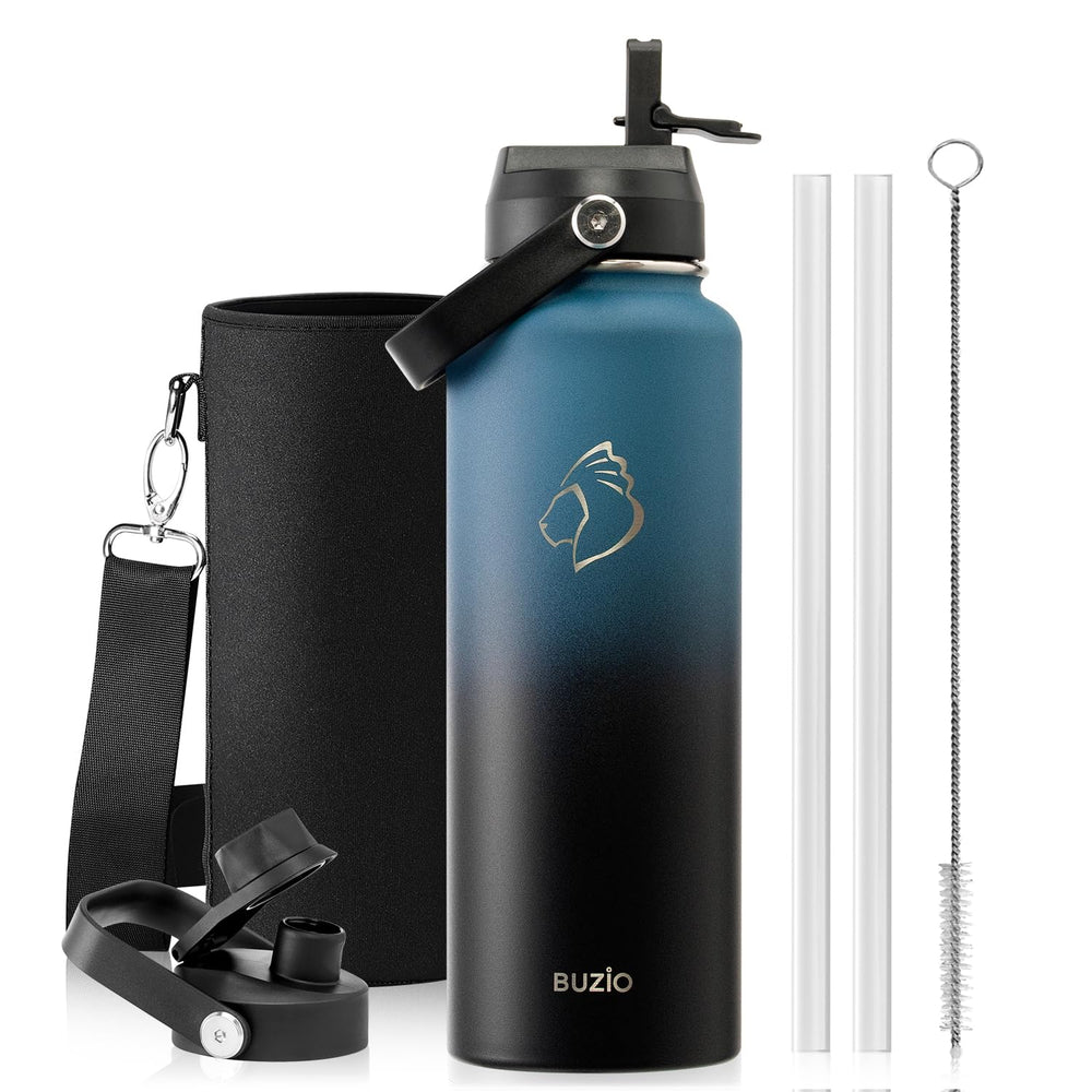 BUZIO 40oz Insulated Water Bottle, Triple Wall Vacuum Stainless Steel Water Flask with 2 lids, Lead-Free BPA-Free Straw Lid Sports Canteen Jug, Cold 48H & Hot 24H- Black