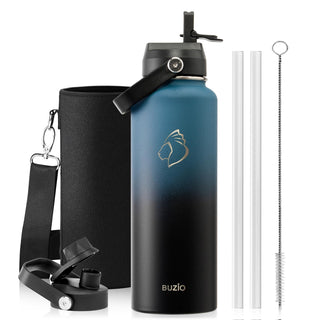 BUZIO 40oz Insulated Water Bottle, Triple Wall Vacuum Stainless Steel Water Flask with 2 lids, Lead-Free BPA-Free Straw Lid Sports Canteen Jug, Cold 48H & Hot 24H- Black