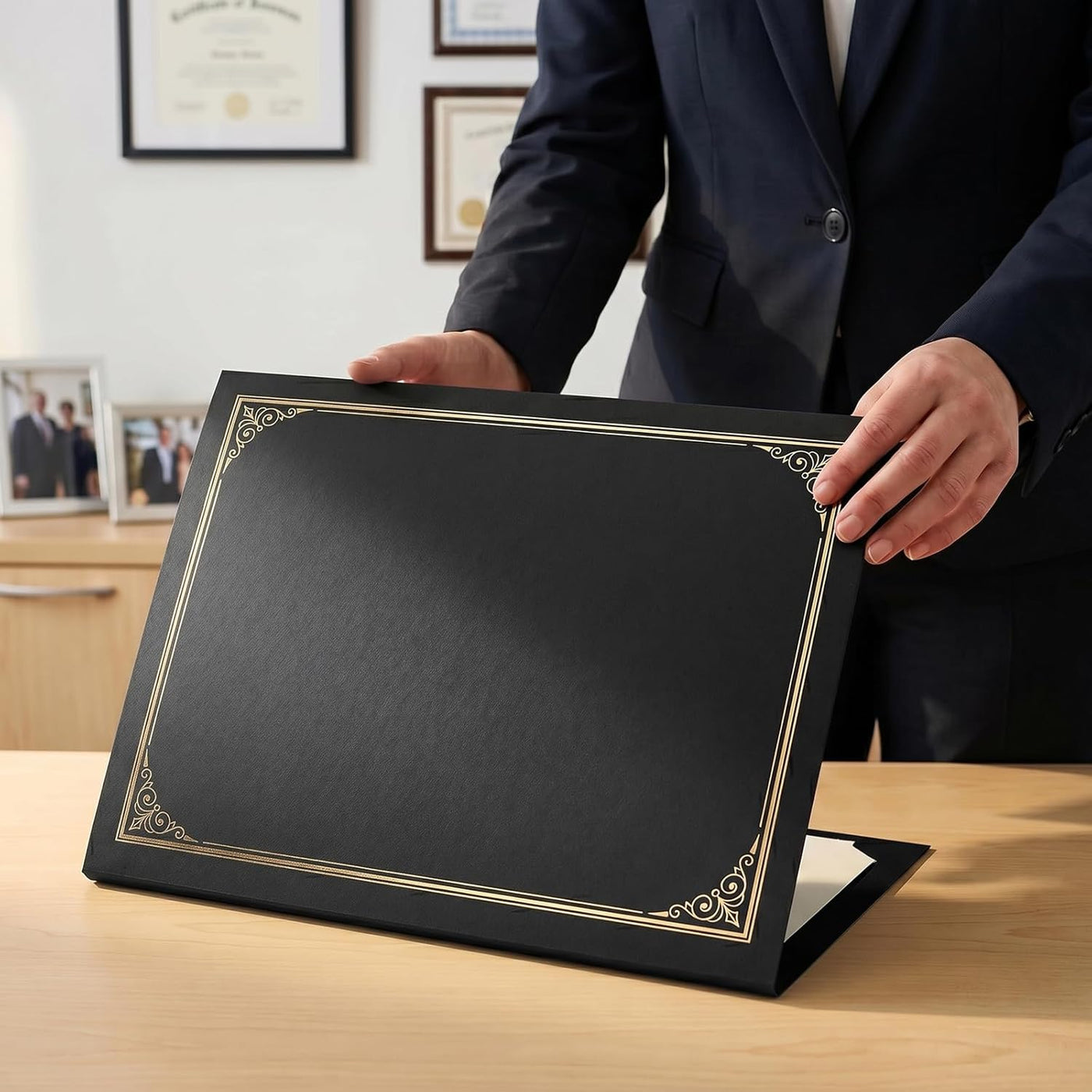 SUNEE 10 Packs Black Certificate Holders, 250gsm, for 8.5x11 Award Certificates, Certificate Covers with Gold Foil Border