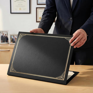 SUNEE 10 Packs Black Certificate Holders, 250gsm, for 8.5x11 Award Certificates, Certificate Covers with Gold Foil Border