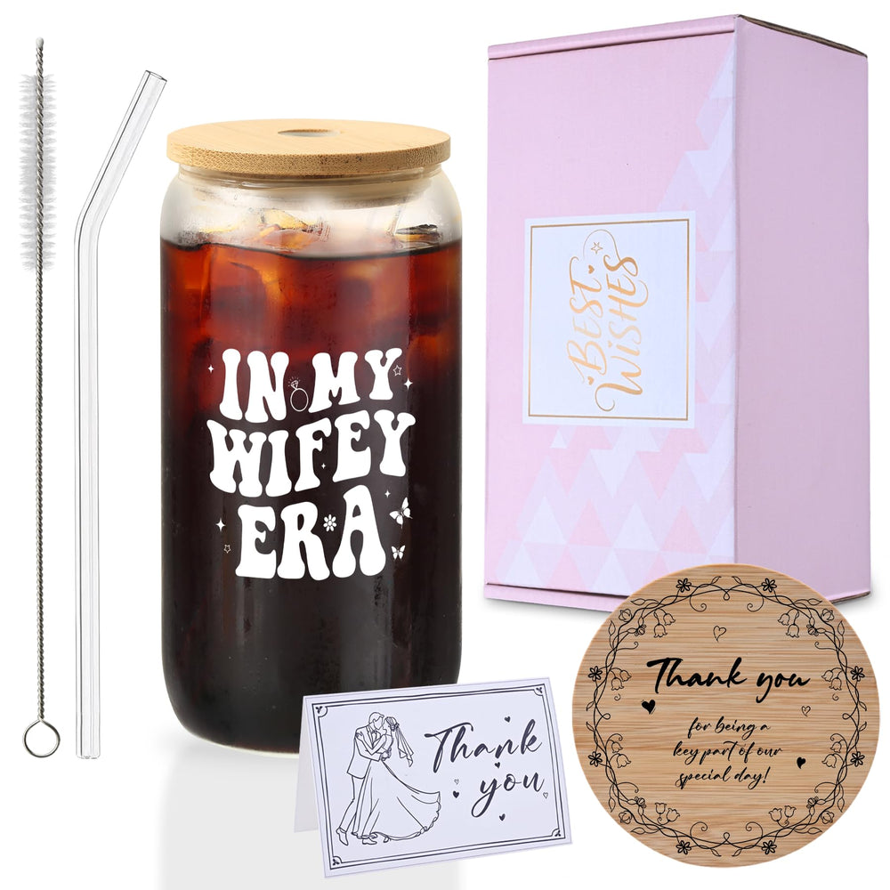 Mr. & Mrs. Glass Tumbler Set, 16oz Glass Cups with Bamboo Lids, Straws & Coasters, Bridal Shower & Wedding Thank You Gift for Couples