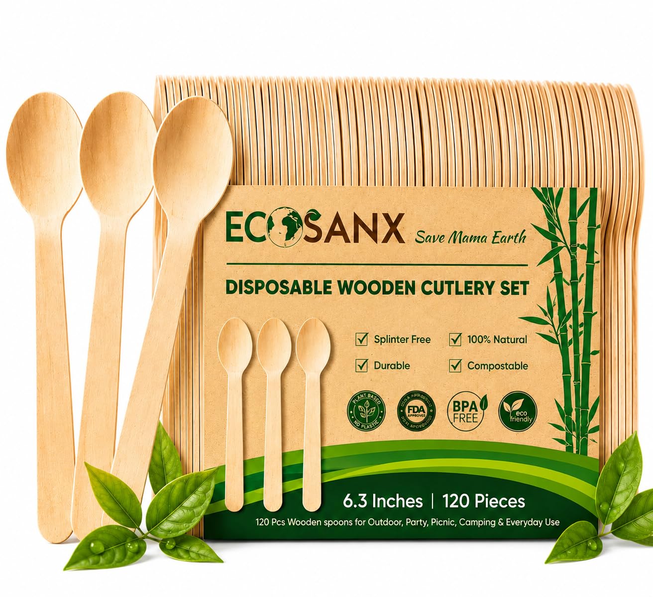 ECOSANX® 120 PCs Disposable Wooden Cutlery set 6.3" Splinter Free Compostable Utensils for party, Eco-Friendly, 100% All-Natural Bamboo Utensils set for picnic, Bamboo cutlery set for Events & More