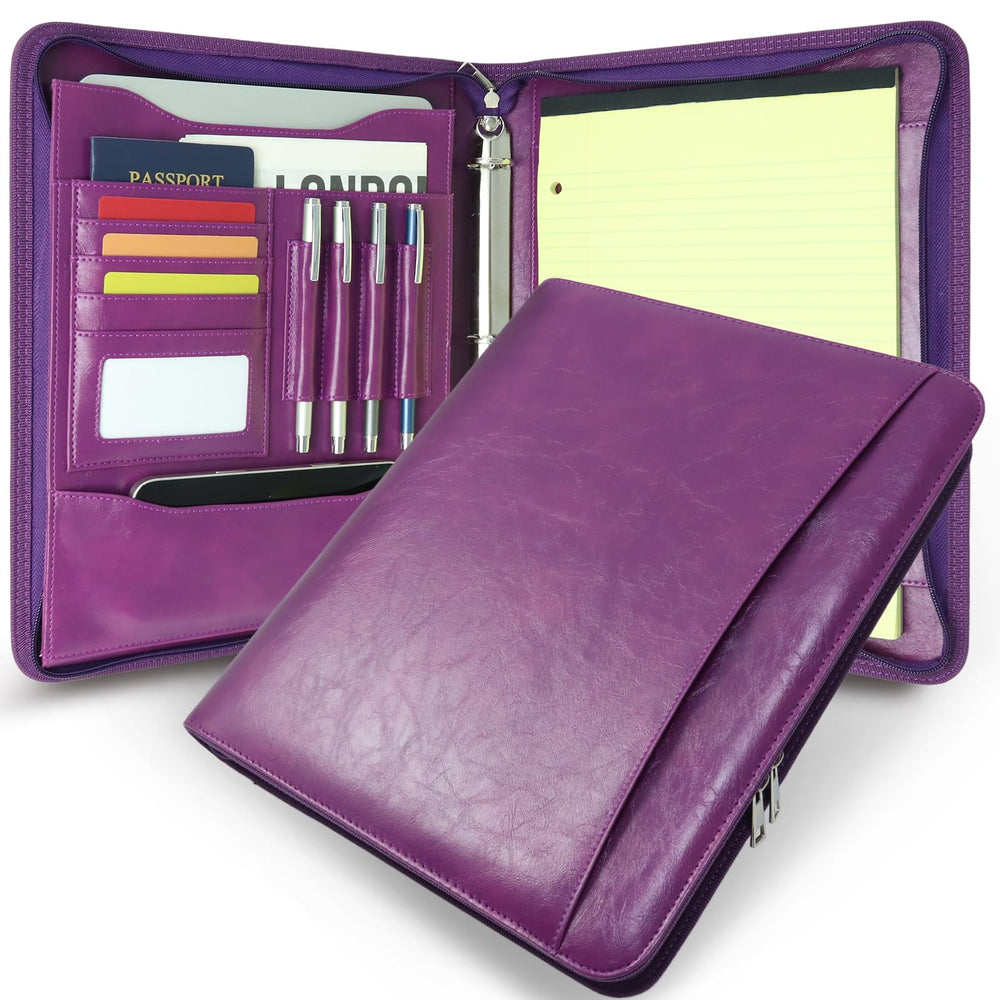 Embossed Faux Leather Zippered Padfolio with 3 Ring Binder, Executive Portfolio Organizer Binder for Women, Fits 13.9" Laptop/Tablet, Refillable Writing Pad Pocket, Green