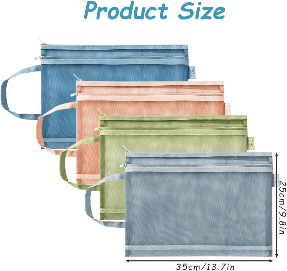4 Pack Mesh Zipper Pouch with Handles, Nylon Document Bag Double Layer Transparent, Home Office Supplies Document Pouch Storage Bag (A4)