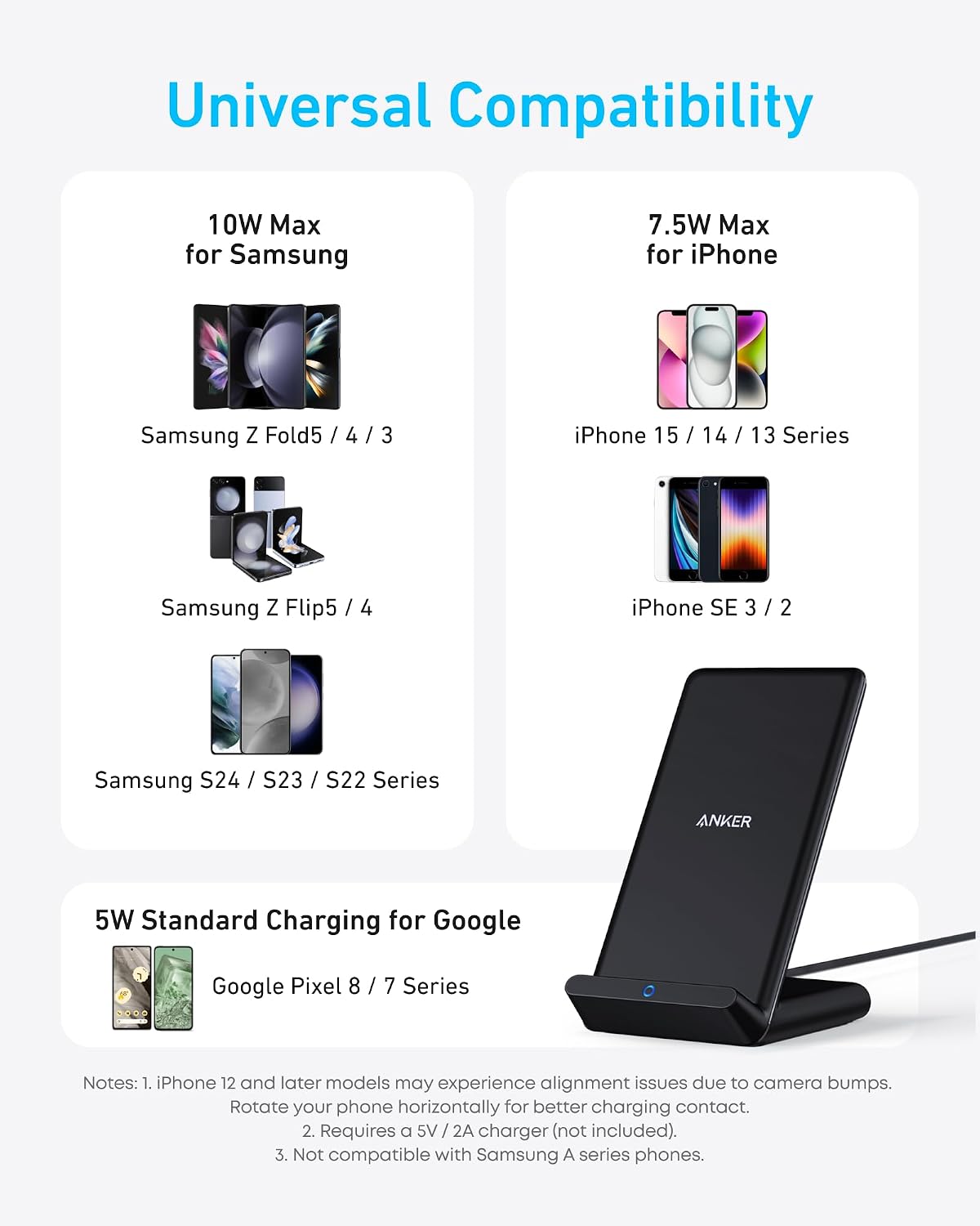 Anker 313 Wireless Charger (Stand), Qi-Certified for iPhone 17/17/17 Pro/17 Pro Max/15/14/13, 10W Fast-Charging Galaxy S23 S22 S21(No AC Adapter)