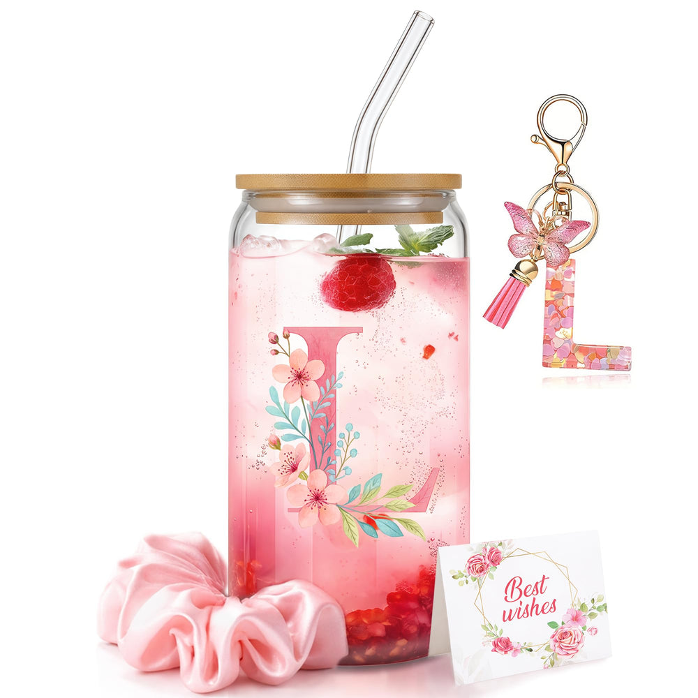 Personalized Initial Glass Cup Gift Set for Women, Custom Monogram Cup with Lid and Straw, Matching Keychain & Card, Bridesmaid or Birthday Gift for Women Friend Sister (Letter S)