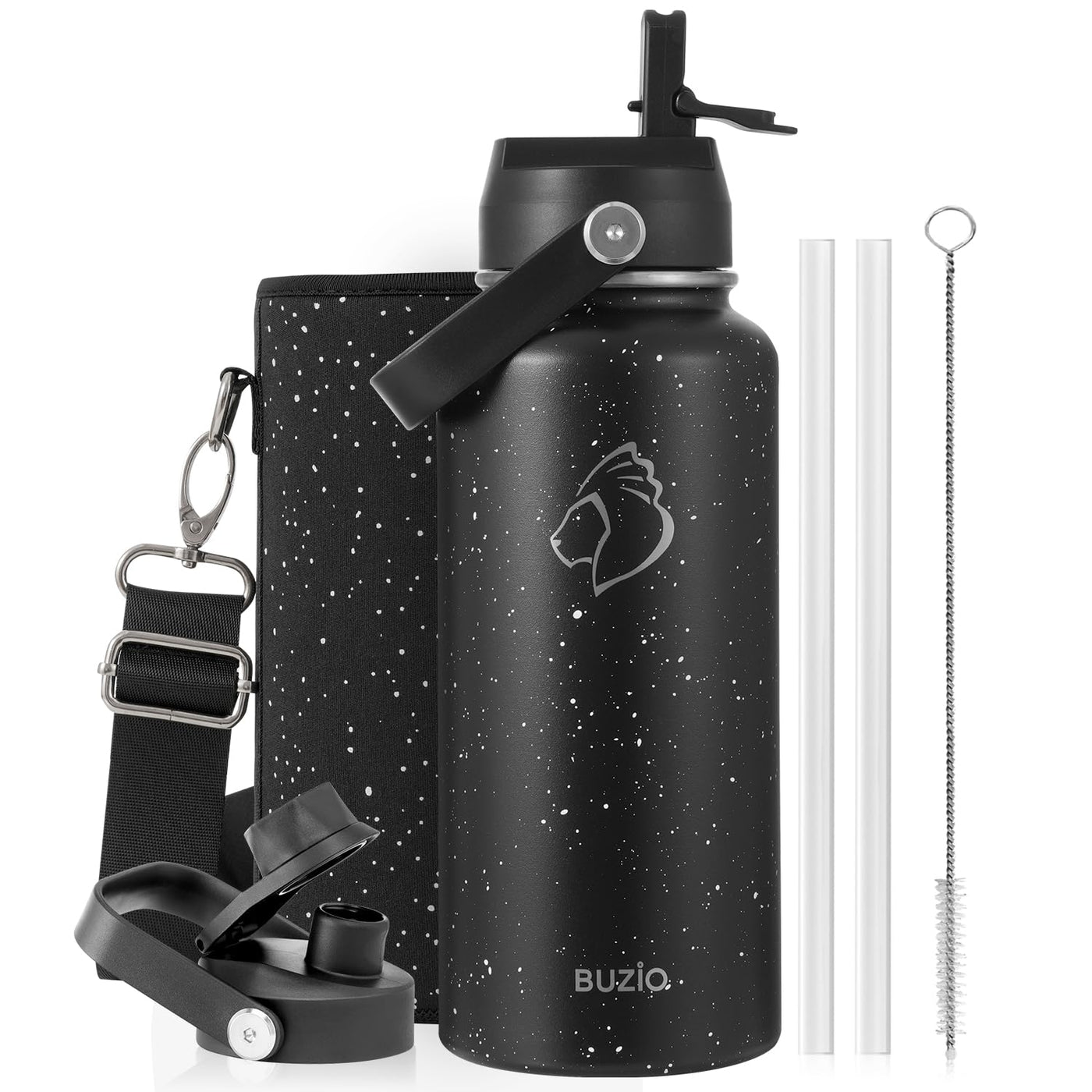 BUZIO 40oz Insulated Water Bottle, Triple Wall Vacuum Stainless Steel Water Flask with 2 lids, Lead-Free BPA-Free Straw Lid Sports Canteen Jug, Cold 48H & Hot 24H- Black
