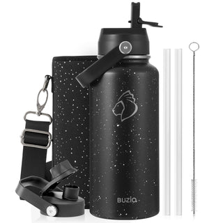 BUZIO 40oz Insulated Water Bottle, Triple Wall Vacuum Stainless Steel Water Flask with 2 lids, Lead-Free BPA-Free Straw Lid Sports Canteen Jug, Cold 48H & Hot 24H- Black