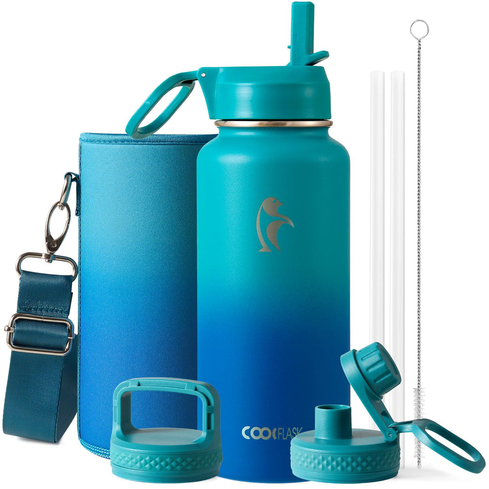Water Bottle 40 oz Insulated with Straw&Brush, Coolflask Vaccum Stainless Steel Metal 3 Lids Water Flask for Sports, Gym or Office, Keep Cold 48H Hot 24H, Magic Black