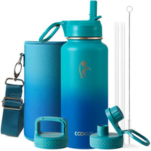 Water Bottle 40 oz Insulated with Straw&Brush, Coolflask Vaccum Stainless Steel Metal 3 Lids Water Flask for Sports, Gym or Office, Keep Cold 48H Hot 24H, Magic Black