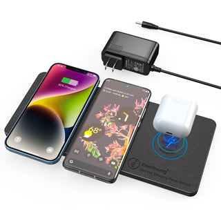 ZealSound Wireless Charging Pad, 3 in 1 Charger Mat for iPhone, Samsung Galaxy, Pixel, AirPods & Galaxy Buds, 24W Adapter Included, Ultra Slim, Case Friendly, PU Leather, Home Office & Travel, Gray