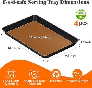 SpaceTrove 4-Pack Serving Tray Set, Reusable Plastic Serving Platter for Party Supplies, Entertaining, Grilling Accessories, Stackable Kitchen Snack Box Container for Dessert, Fruit, Cookie, (Black)