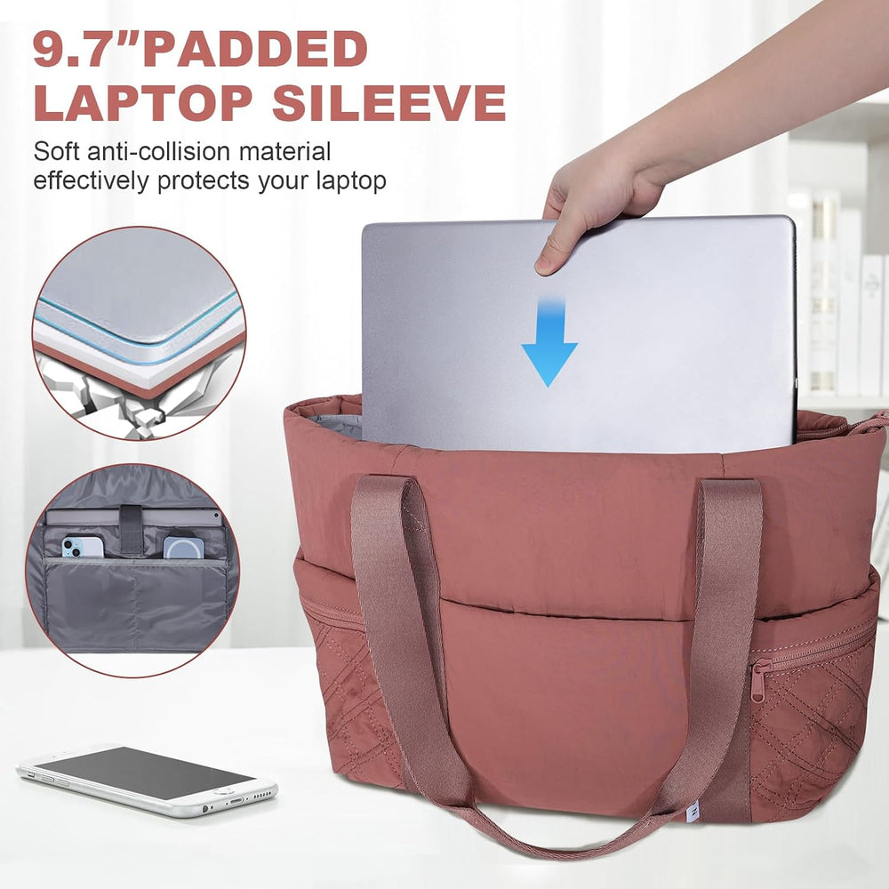 NOL Lightweight Puffer Tote Bag for Women-Quilted Shoulder Bag with Zippered Compartments | Waterproof Puffy Handbag for Work