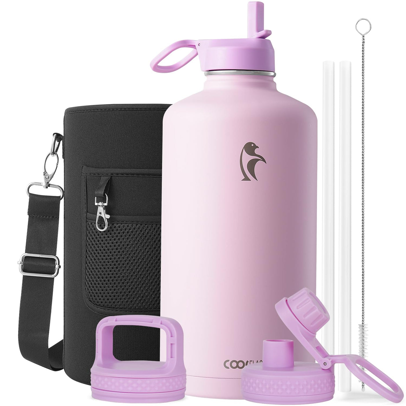 Water Bottle 40 oz Insulated with Straw&Brush, Coolflask Vaccum Stainless Steel Metal 3 Lids Water Flask for Sports, Gym or Office, Keep Cold 48H Hot 24H, Magic Black