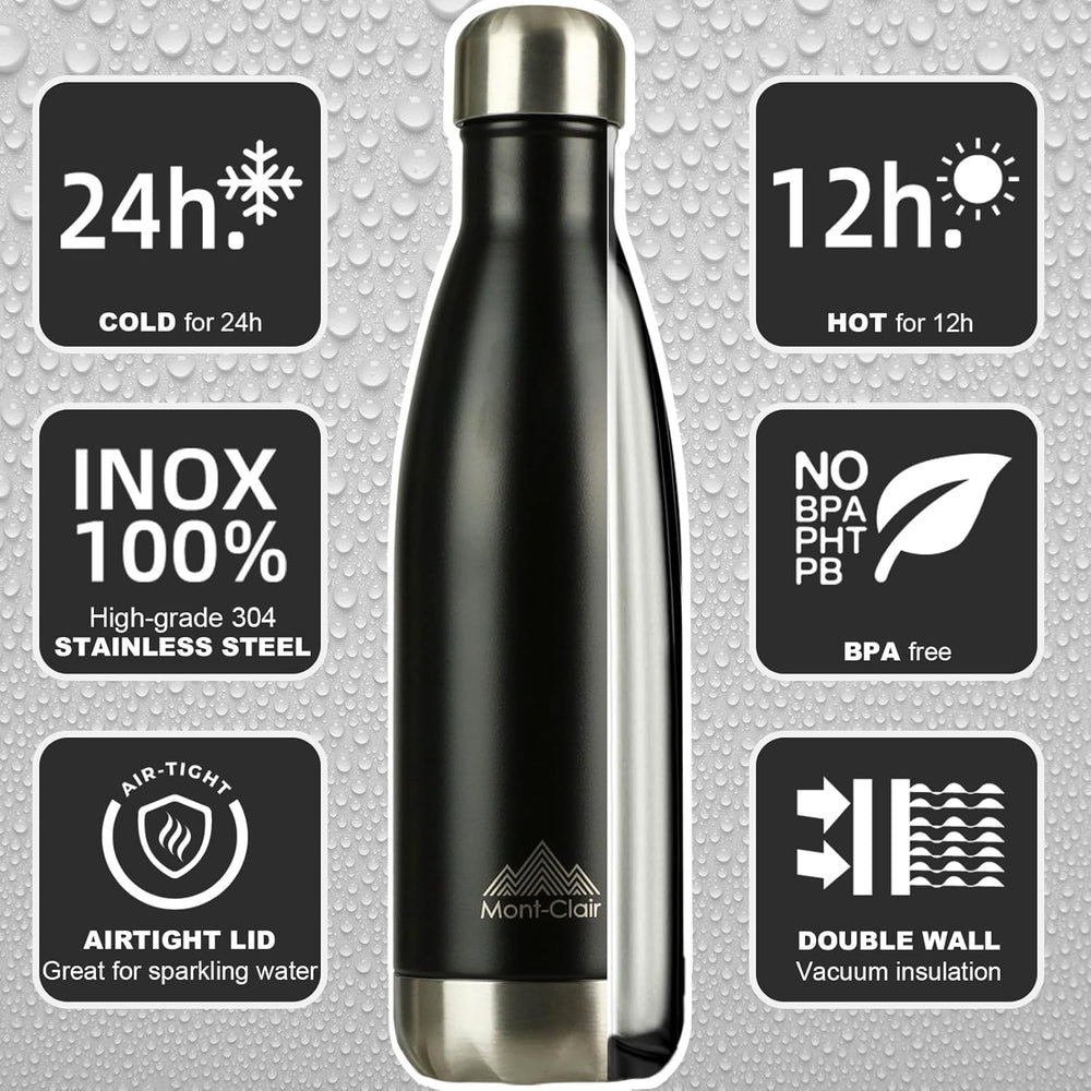 Mont-Clair H2O Stainless Steel Water Bottle, Vacuum insulated - BPA Free, 12h Hot & 24h Cold Drinks, Metal Water Bottle 17oz Leakproof, Ideal for Adult, Kids, Running - Black
