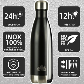 Mont-Clair H2O Stainless Steel Water Bottle, Vacuum insulated - BPA Free, 12h Hot & 24h Cold Drinks, Metal Water Bottle 17oz Leakproof, Ideal for Adult, Kids, Running - Black