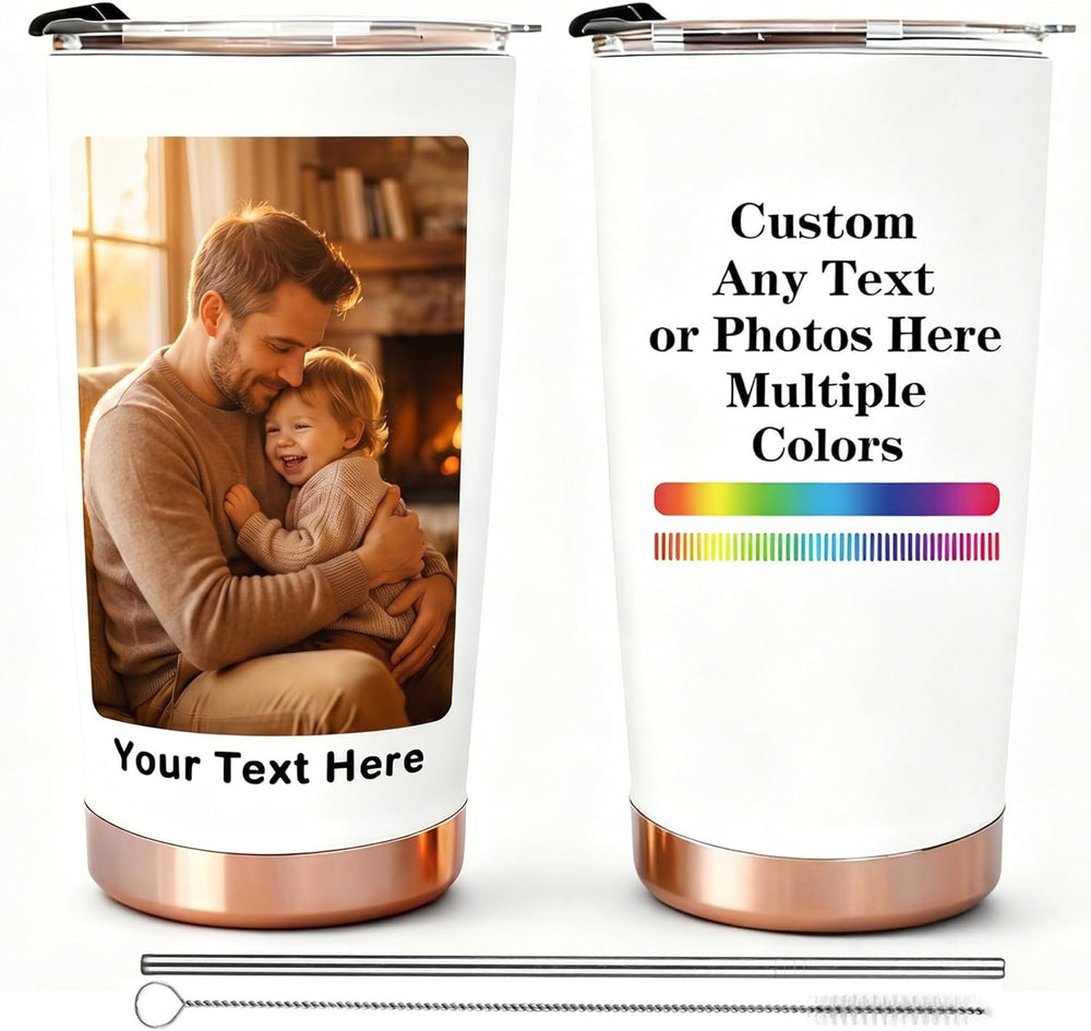 Personalized Tumbler with Photo Text Logo, Made in USA 20 oz Custom Stainless Steel Coffee Mug with Lid, Custom Cup Gift for Dad, Mom, Friends, gift for father's day