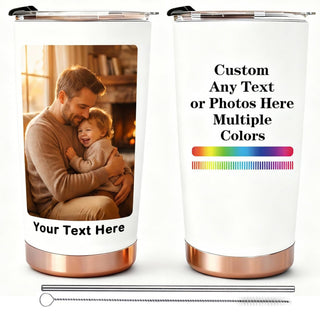 Personalized Tumbler with Photo Text Logo, Made in USA 20 oz Custom Stainless Steel Coffee Mug with Lid, Custom Cup Gift for Dad, Mom, Friends, gift for father's day