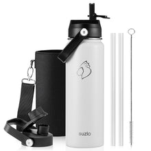 BUZIO 40oz Insulated Water Bottle, Triple Wall Vacuum Stainless Steel Water Flask with 2 lids, Lead-Free BPA-Free Straw Lid Sports Canteen Jug, Cold 48H & Hot 24H- Black
