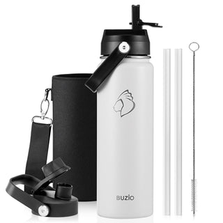 BUZIO 40oz Insulated Water Bottle, Triple Wall Vacuum Stainless Steel Water Flask with 2 lids, Lead-Free BPA-Free Straw Lid Sports Canteen Jug, Cold 48H & Hot 24H- Black