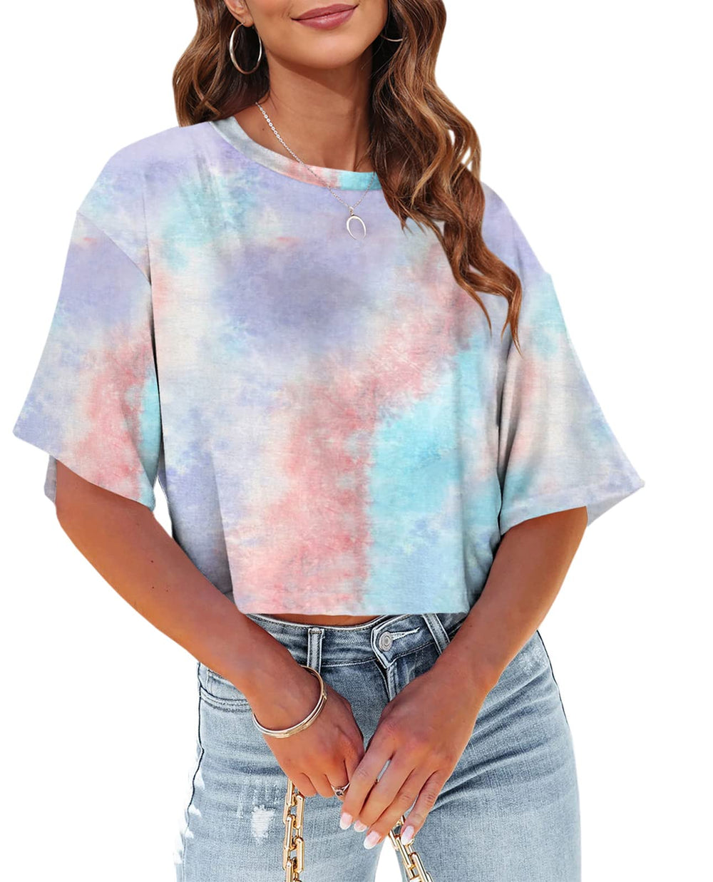 Tankaneo Women Half Sleeve Cropped T-Shirts Drop Shoulder Round Neck Crop Tops Casual Summer Solid Color Basic Tees