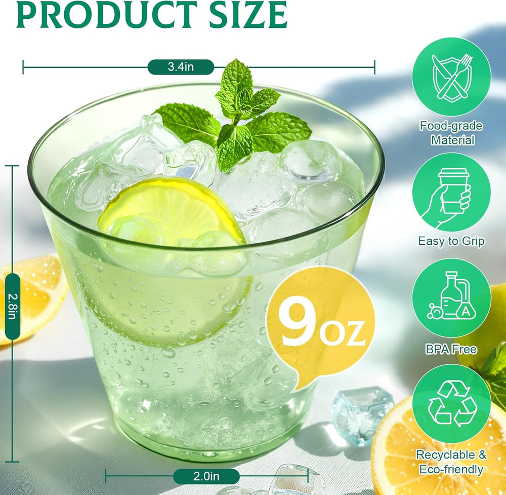 9 oz Clear Plastic Cups Green Plastic Disposable Cups for Cocktail 50 Pack Fancy Cocktail Cup for Party Stemless Wine Glasses for Wedding Graduation Birthday World Cup