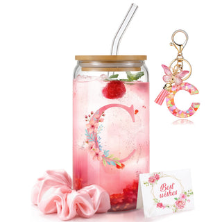 Personalized Initial Glass Cup Gift Set for Women, Custom Monogram Cup with Lid and Straw, Matching Keychain & Card, Bridesmaid or Birthday Gift for Women Friend Sister (Letter S)