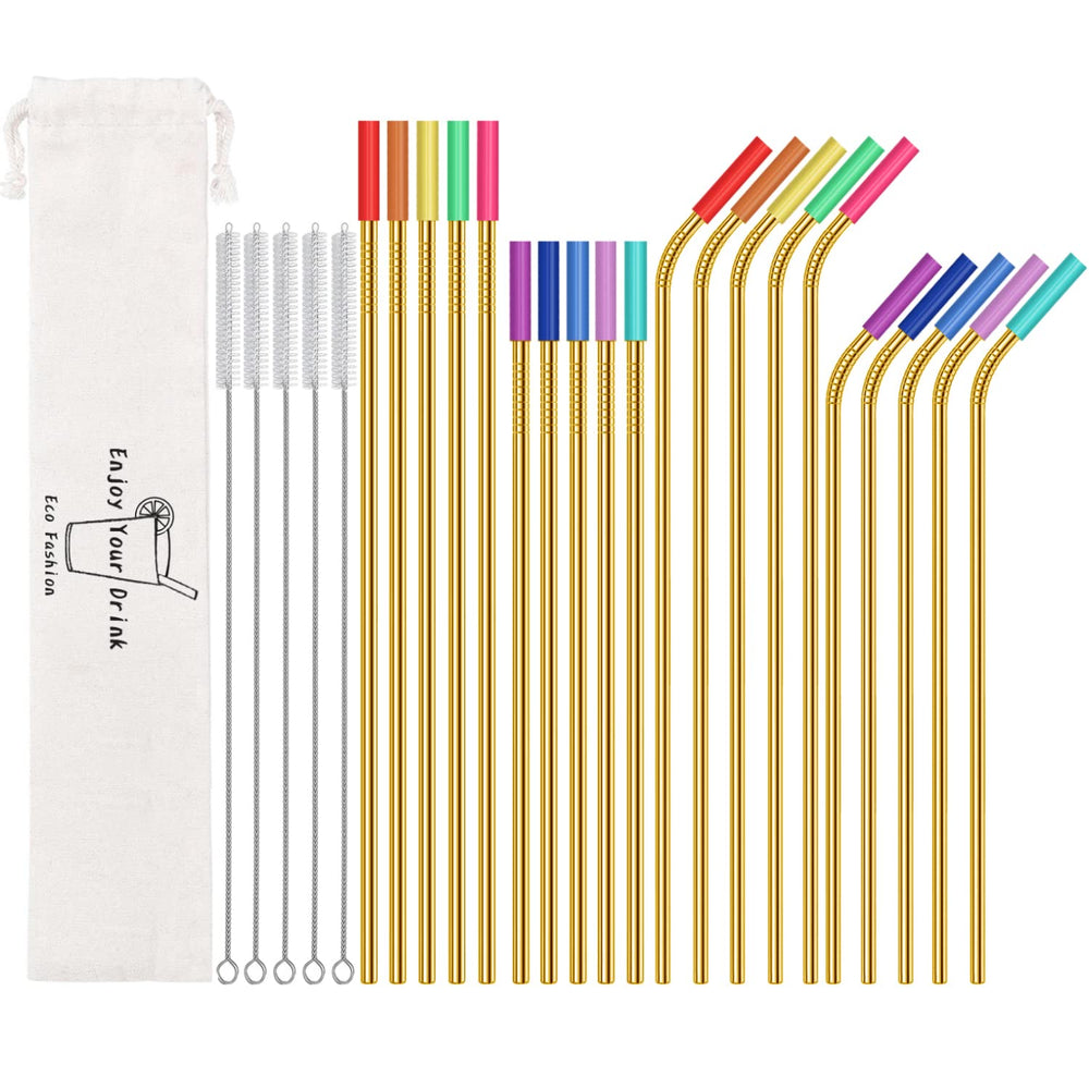 20 Pack Reusable Stainless Steel Metal Straws,10.5" & 8.5" Reusable Drinking Straws with 20 Silicone Tips 5 Straw Brushes 1 Travel Case,Eco Friendly Extra Long Metal Straw Fit for 20 24 30 oz Tumbler