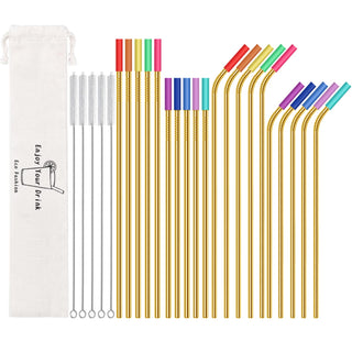 20 Pack Reusable Stainless Steel Metal Straws,10.5" & 8.5" Reusable Drinking Straws with 20 Silicone Tips 5 Straw Brushes 1 Travel Case,Eco Friendly Extra Long Metal Straw Fit for 20 24 30 oz Tumbler