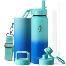 Water Bottle 40 oz Insulated with Straw&Brush, Coolflask Vaccum Stainless Steel Metal 3 Lids Water Flask for Sports, Gym or Office, Keep Cold 48H Hot 24H, Magic Black