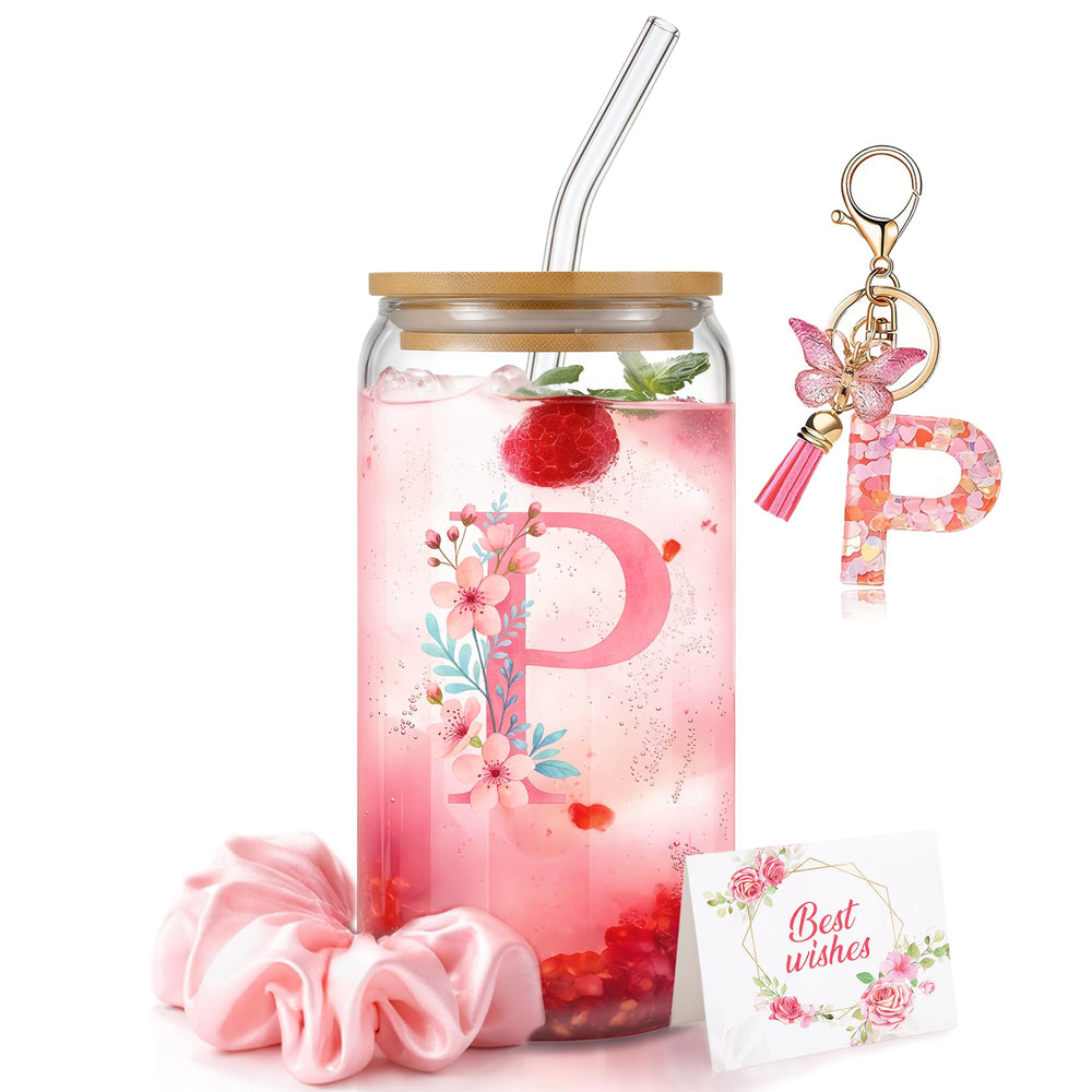 Personalized Initial Glass Cup Gift Set for Women, Custom Monogram Cup with Lid and Straw, Matching Keychain & Card, Bridesmaid or Birthday Gift for Women Friend Sister (Letter S)