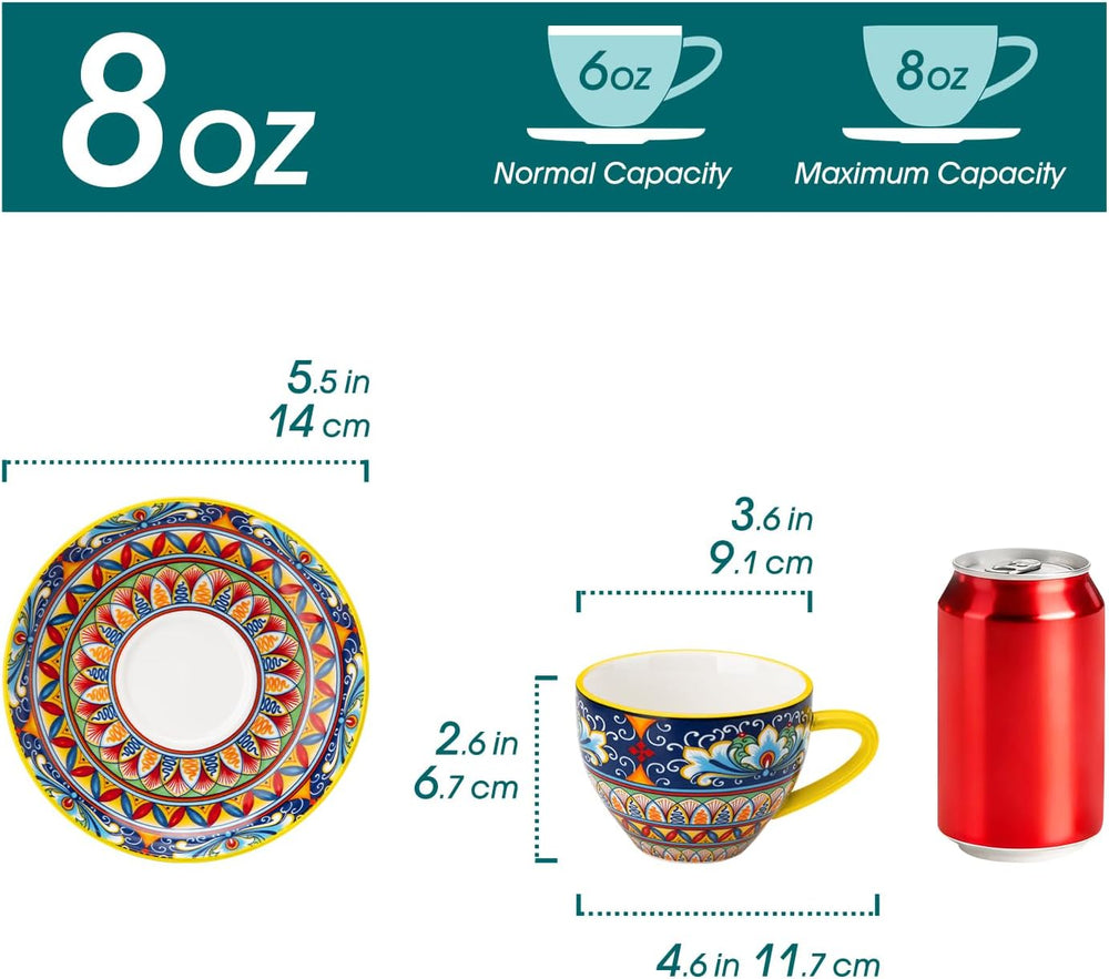 vancasso 8 oz Cappuccino Cups with Saucers Set of 6, Bohemian Ceramic Coffee Cup for Latte, Tea, Espresso, Microwave & Dishwasher Safe - Porcelain Tea Cups and Saucers for Kitchen or Cafe