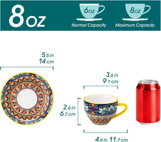 vancasso 8 oz Cappuccino Cups with Saucers Set of 6, Bohemian Ceramic Coffee Cup for Latte, Tea, Espresso, Microwave & Dishwasher Safe - Porcelain Tea Cups and Saucers for Kitchen or Cafe