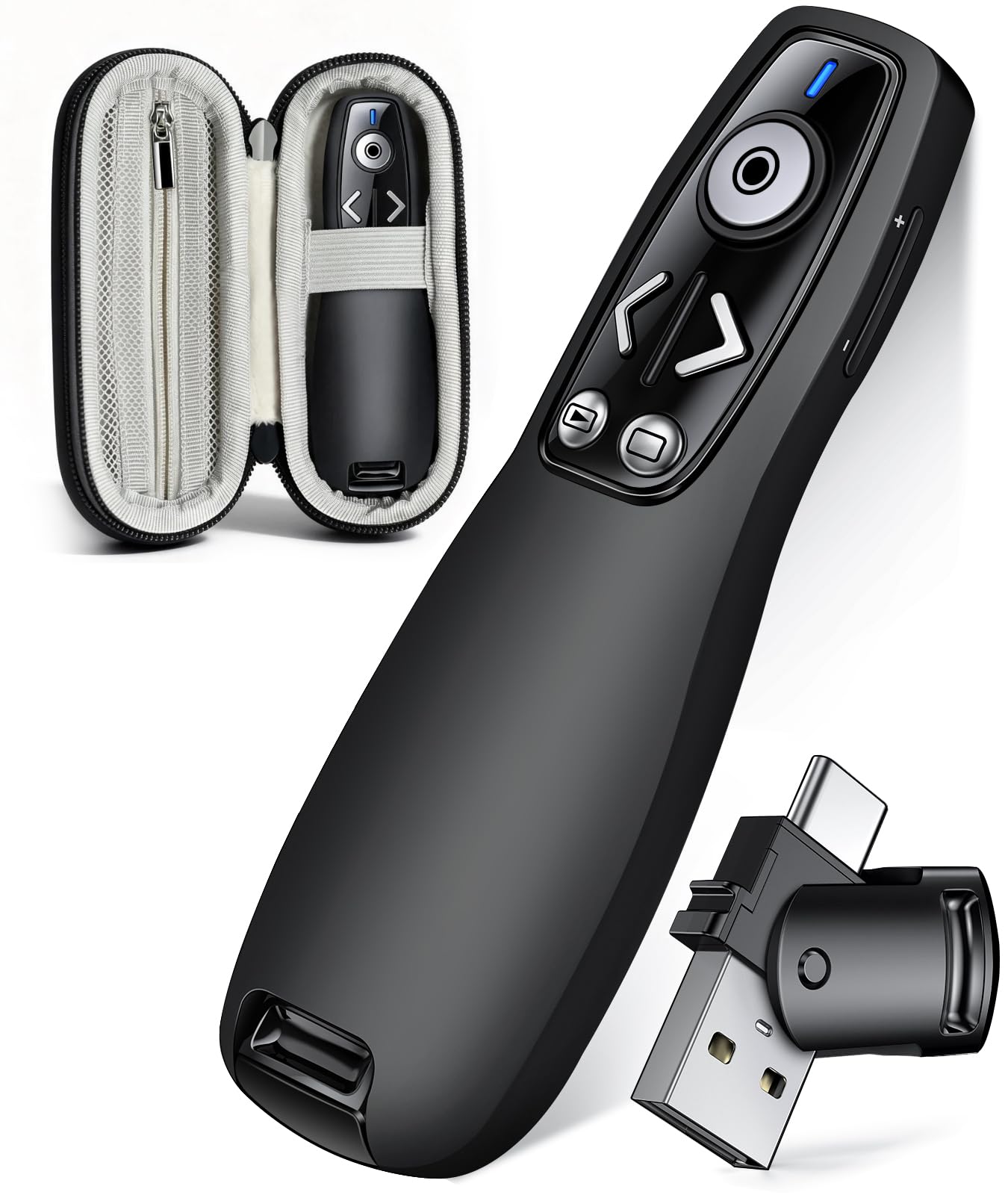 Presentation Clicker with USB-A & USB-C Receiver, 2.4GHz Wireless Presenter Remote with Volume Control & Red Light Pointer, Clicker for PowerPoint Slides Slide Advancer for Mac Computer, Plug & Play